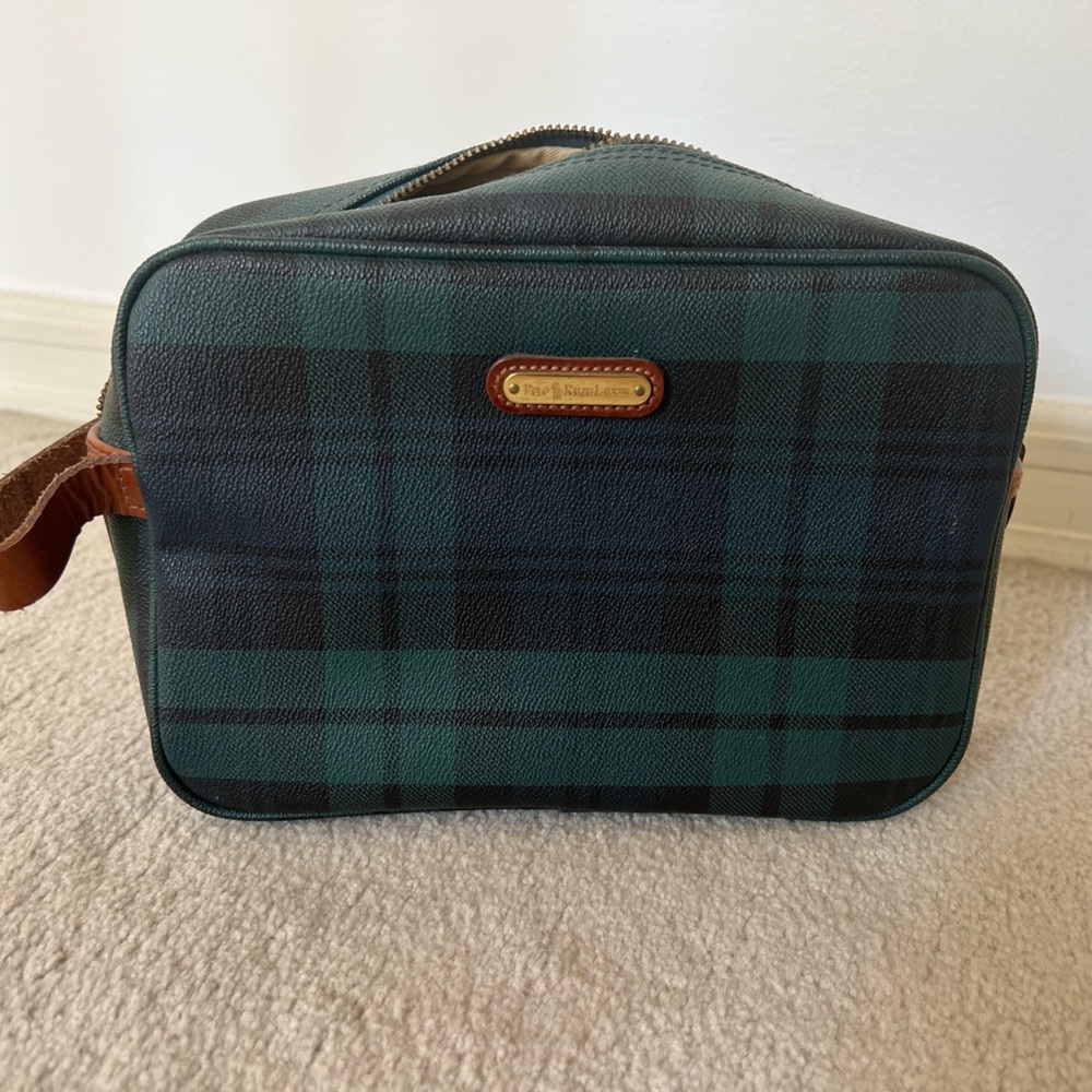 Polo Ralph Lauren Rare Green Tartan Plaid Toiletry Accessory Bag Leather Canvas